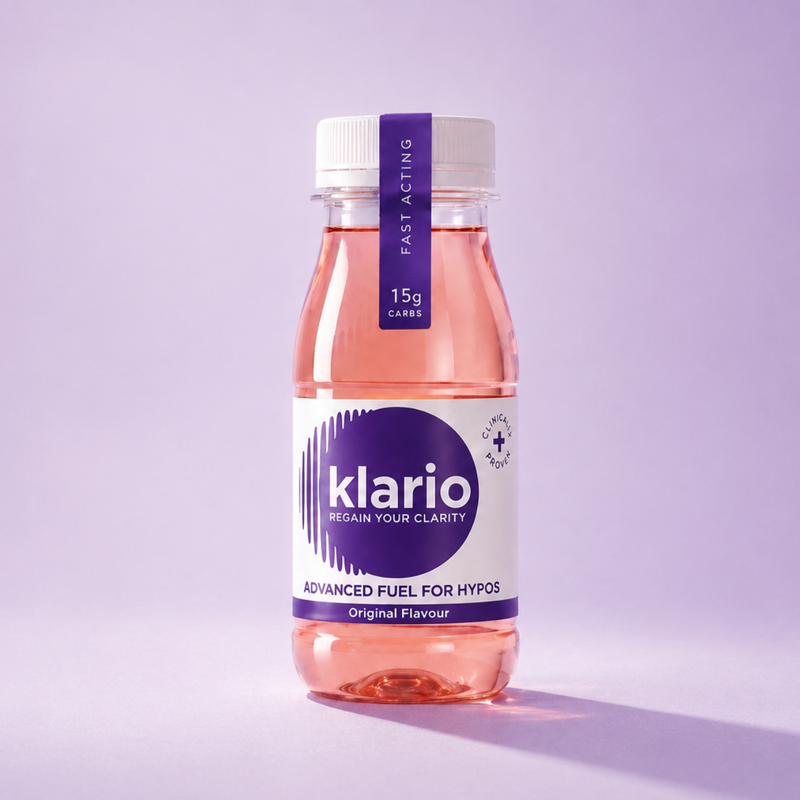 A bottle of Klario on a lilac background