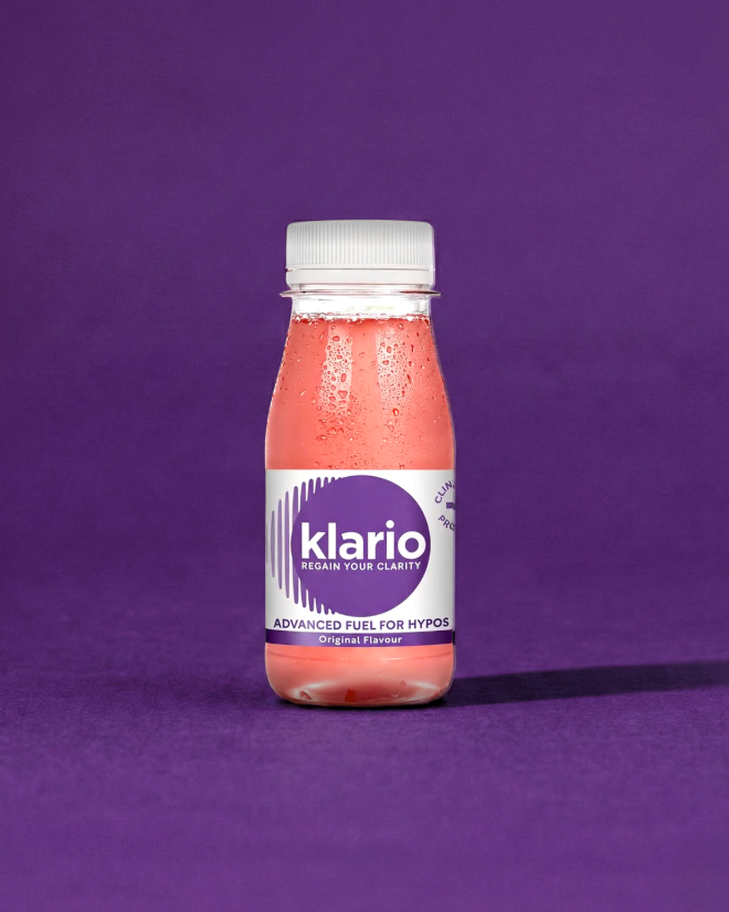 Bottle of Klario - a clinically proven advanced hypo recovery drink with 15g fast acting carbohydrates and adaptive energy sources