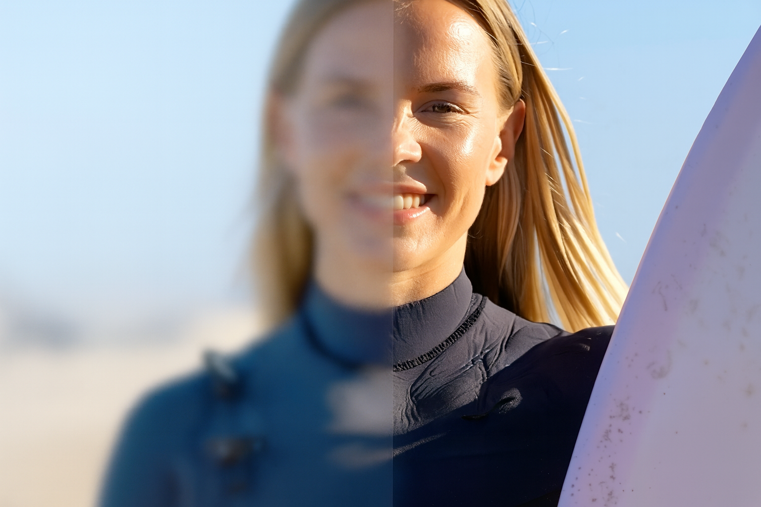 A split-screen image showing the transition from blurry brain fog to a clear, smiling face after using Klario for hypo recovery.